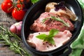 Fresh raw meat. Different types of raw pork meat, chicken fillet and beef with vegetables and herbs Royalty Free Stock Photo