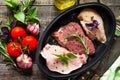 Fresh raw meat. Different types of raw pork meat, chicken fillet and beef with vegetables Royalty Free Stock Photo