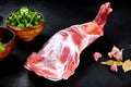 Fresh and raw meat. Leg of lamb uncooked , ready to grill and barbecue Royalty Free Stock Photo