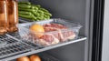Fresh raw meat and orange in plastic tray on refrigerator shelf with vegetables Royalty Free Stock Photo
