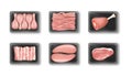 Fresh raw meat products in plastic packages. Chicken, beef pork on trays or vacuum wrap containers