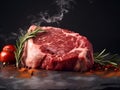 Fresh raw meat, Ribeye steak entrecote of Black Angus Prime meat. Close up of a raw steak with a rosemary sprig and smoke on a