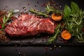 Fresh raw meat on slate black board top view, beef steak, spices, seasoning for cooking Royalty Free Stock Photo