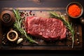 Fresh raw meat on slate black board top view, beef steak, spices, seasoning for cooking, grilling, black angus prime Royalty Free Stock Photo