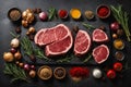 Fresh raw meat on slate black board top view, Variety of spices, seasoning for cooking, grilling. Generative AI Royalty Free Stock Photo