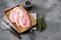 Fresh raw meat steak, on gray stone table background, with copy space for text Royalty Free Stock Photo