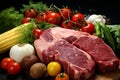 Fresh raw meat with vegetables on a wooden board. Black background. Royalty Free Stock Photo