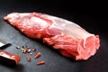 Fresh and raw meat. whole piece of Sirloin steaks in a row ready to cook. Background black blackboard Royalty Free Stock Photo