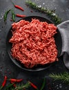 Fresh Raw mince, Minced beef, ground meat with herbs and spices on black plate Royalty Free Stock Photo