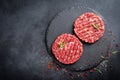 Fresh raw minced beef steak burgers with spices Royalty Free Stock Photo