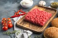 Fresh raw minced beef steak burgers with spices ingredients, on wooden tray, on gray stone background Royalty Free Stock Photo