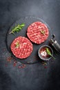 Fresh raw minced beef steak burgers with spices Royalty Free Stock Photo
