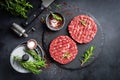 Fresh raw minced beef steak burgers with spices Royalty Free Stock Photo