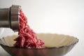 Fresh raw minced meat in the meat grinder, close-up Royalty Free Stock Photo