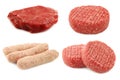 Fresh raw minced meat for making hamburgers, some sausages bratwurst and a piece of fresh beefsteak