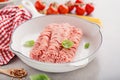 Fresh minced meat with spices on table Royalty Free Stock Photo