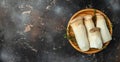 Fresh raw mushrooms, king oyster or eringi on a dark background, Long banner format. top view Royalty Free Stock Photo