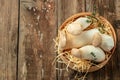 Fresh raw mushrooms, king oyster or eringi on a wooden background, banner, menu, recipe place for text, top view Royalty Free Stock Photo