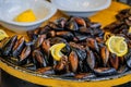 Fresh raw mussels for stuffing or midye dolma at a restaurant, Istanbul, Turkey Royalty Free Stock Photo