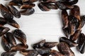 Fresh raw mussels on white wooden backgound Royalty Free Stock Photo