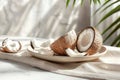 Fresh raw opened coconut halves with palm leaves and shadows on white background. Generative AI