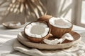 Fresh raw opened coconut halves, summer abstract tropical background with palm leaves and shadows. Generative AI