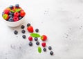 Fresh raw organic berries isolated in white ceramic bowl plate on kitchen table background. Top view. Strawberry, Raspberry, Royalty Free Stock Photo