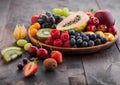 Fresh raw organic summer berries and exotic fruits in round wooden plate on dark wooden kitchen background. Papaya, grapes, Royalty Free Stock Photo