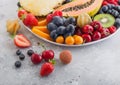 Fresh raw organic summer berries and exotic fruits in white plate on light background. Pineapple, papaya, grapes, nectarine, Royalty Free Stock Photo