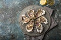 Fresh raw oysters on gray plate served with lemon, red onion and wine vinegar Royalty Free Stock Photo