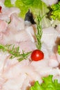 Fresh raw pieces Pangasius dolly fish on counter. Fresh fish for sale in market.