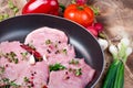Fresh raw pork meat with spices in pan closeup Royalty Free Stock Photo