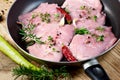 Fresh raw pork meat with spices in pan ready for baking - roasting Royalty Free Stock Photo