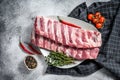 Fresh raw pork ribs with spices and herbs. Gray background. Top view Royalty Free Stock Photo