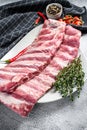 Fresh raw pork ribs with spices and herbs. Gray background. Top view Royalty Free Stock Photo