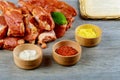 Fresh raw pork shoulder chop with spices Fresh pork ribs, meat marinated and prepared Royalty Free Stock Photo