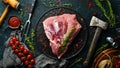 Fresh raw pork shoulder with ingredients and spices on kitchen background. Meat. Top view. Rustic style Royalty Free Stock Photo