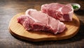 raw pork on wooden cutting board. AI Generated Royalty Free Stock Photo