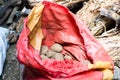 Fresh raw potato in sack bag background from agriculture harvest, Harvest potatoes in burlap sack on rustic background