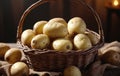 Fresh raw potatoes in wicker basket on wooden table, closeup Royalty Free Stock Photo