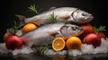 Fresh raw rainbow trout fish on ice with lemon and tomatoes on black background Royalty Free Stock Photo