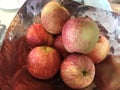 Fresh raw red apples fruit stack piling in decorative stainless metal tray. Food, Natural Nutrition, Health care concept