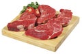 Fresh raw red beef meat big steak chunk on wooden cut board isolated over white background Royalty Free Stock Photo