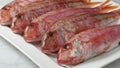 Fresh raw red mullets on a plate close up