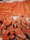 fresh raw red salmon fish steaks fillet at market counter Royalty Free Stock Photo