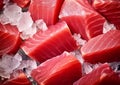 Fresh raw red tuna slices on melted ice in seafood market.Macro.AI generative Royalty Free Stock Photo