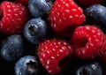 Fresh raw ripe organic blueberries and raspberries.Macro.AI Generative