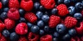 Fresh raw ripe organic blueberries and raspberries.Macro.AI Generative