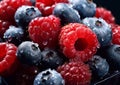 Fresh raw ripe organic blueberries and raspberries.Macro.AI Generative