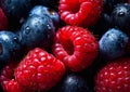 Fresh raw ripe organic blueberries and raspberries.Macro.AI Generative